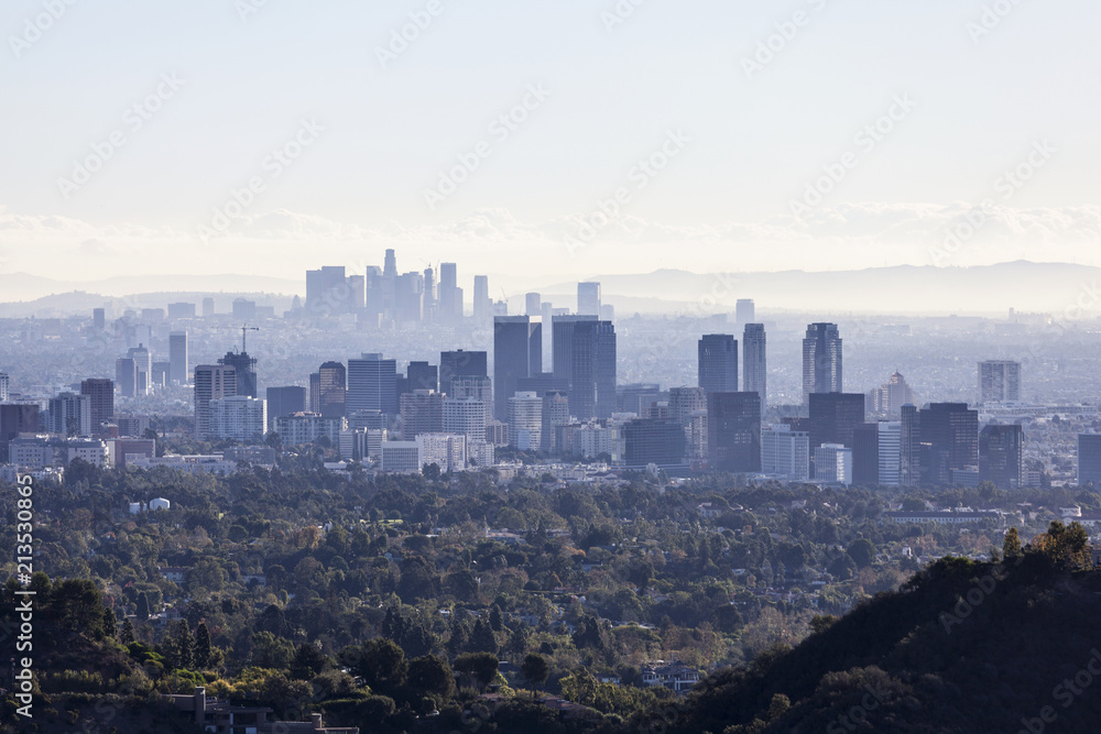 Smoggy view towards Century City with downtown Los Angeles in the background.  