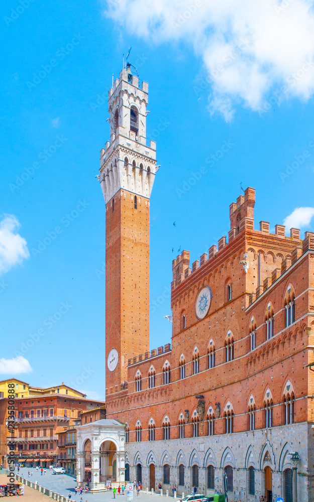 Bell tower, Torre del Mangia, of the Town Hall, Palazzo Pubblico, at the Piazza del Campo, Siena, Italy.