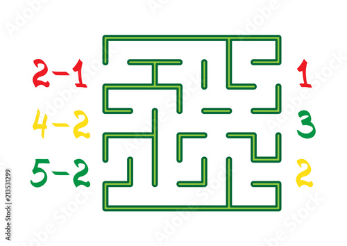 Maze with color numbers for children on the white background. Find the path to the correct answer. Vector flat illustration