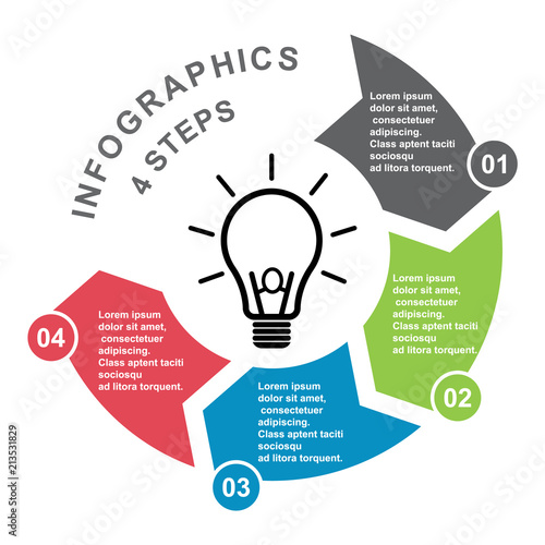 4 step vector element in four colors with labels, infographic diagram. Business concept of 4 steps or options with light bulb
