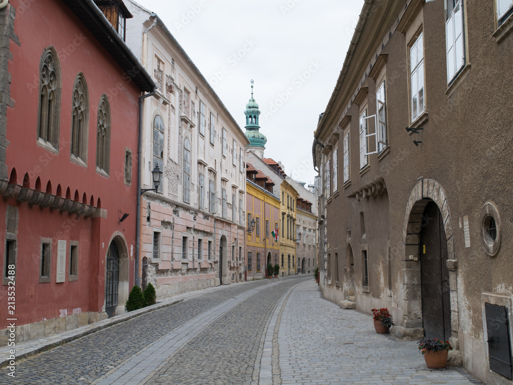 Old buildings line a pedestrian street of the old town in Sopron, Hungary