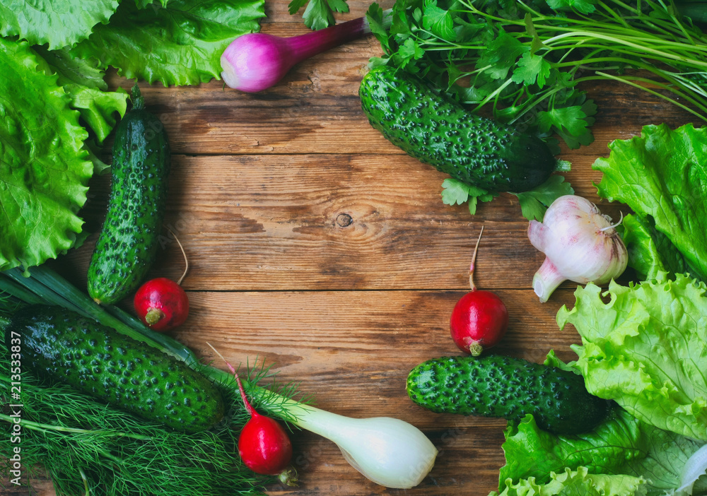 background with herbs, lettuce, onion, garlic, cucumbers and radishes background with herbs, lettuce, onion, garlic, cucumbers and radishes