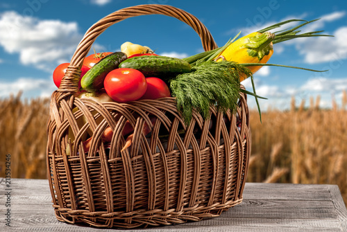 basket with vegetables tomato pepper eggplant courgettes and greens on a background of wheat field and blue sky