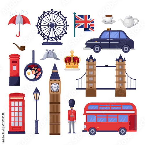 Travel to Great Britain design elements. London tourist landmarks illustration. Vector cartoon isolated icons set.