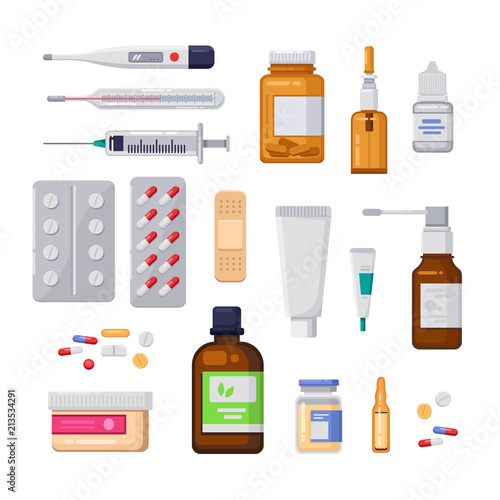 Pharmacy, medicine and healthcare vector flat illustration. Pills, drugs, bottles icons and design elements