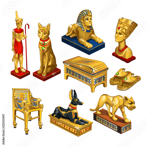 Set of attributes and jewelry on the theme of ancient Egypt isolated on white background. Golden figurine in the shape of the head of Cleopatra, sacred animals. Vector illustration.