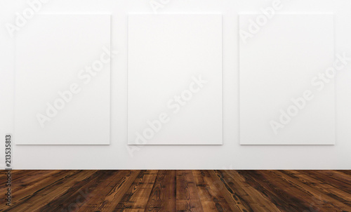 Mock up empty interior white wall and wooden floor with blank bord