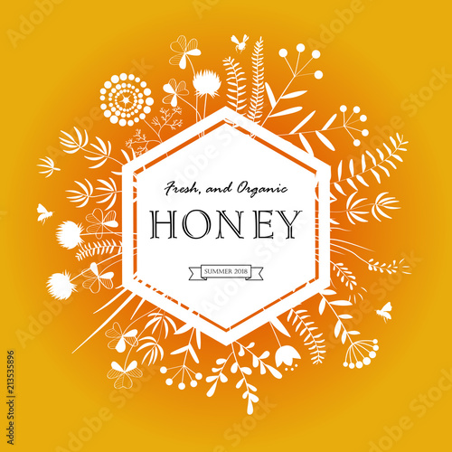Frame with honey flowers and bees
