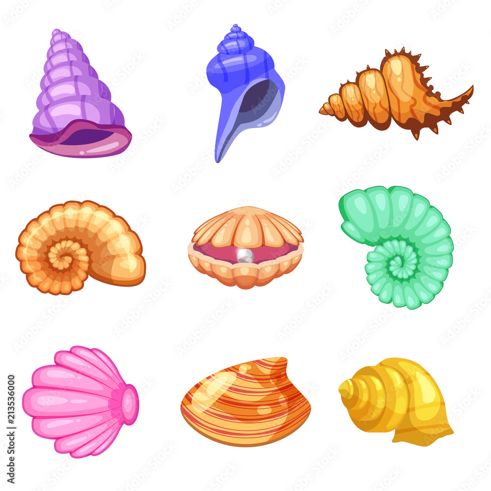 Colorful tropical shells underwater icon set frame of sea shells, cartoon style. Vector illustration. Colorful tropical shells underwater icon set frame of sea shells, cartoon style. Vector illustration.