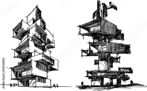 two hand drawn architectural sketches of a tall modern abstract buildings or residential tower