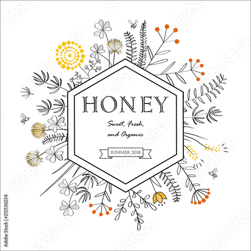 Frame with honey flowers and bees