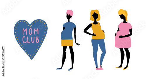Vector Illustration. Group of Pregnant Women in different poses. Mom club drawing in retro whimsical style