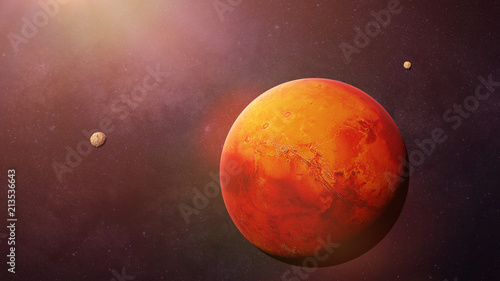 Fototapeta Naklejka Na Ścianę i Meble -  the red planet Mars with it moons Phobos and Deimos, part of the solar system 