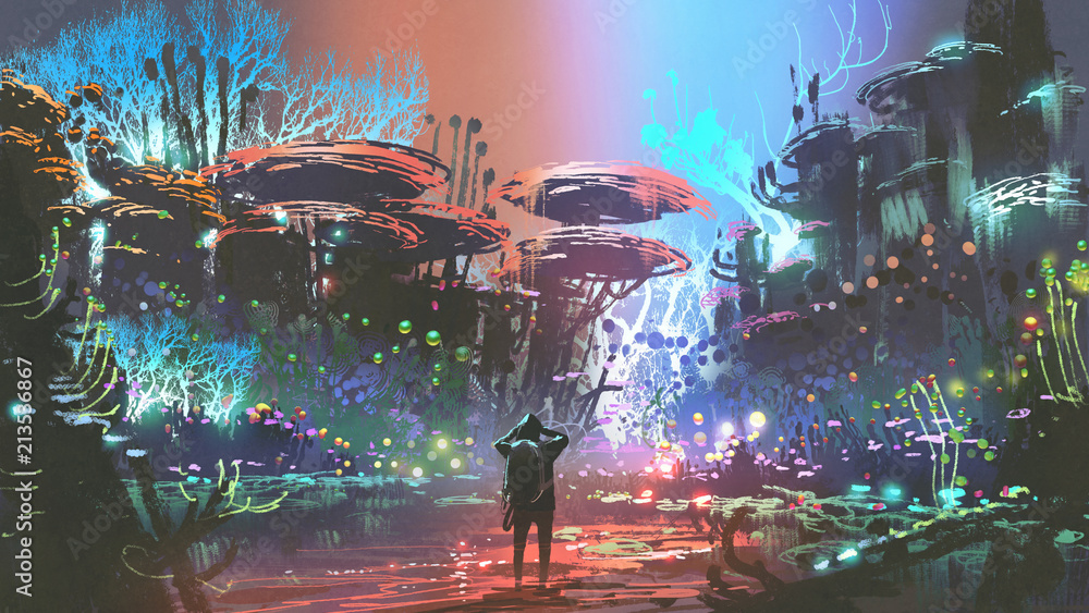 Obraz premium fantasy dekoracje człowieka patrząc na kolorowy las koralowy, cyfrowy styl sztuki, malarstwo ilustracja