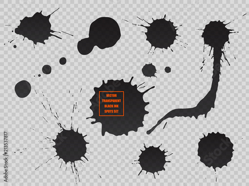 Black ink spot set, paint blot. Semitransparent vector shapes isolated on transparent background