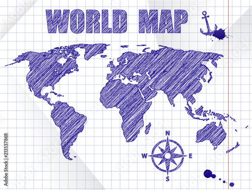 Blue ink sketched navigation world map on school notebook sheet background