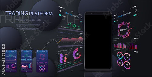 Market trade. Binary option. Trading platform, account. Money Making, business. Market analysis. Investing. Screen of user interface for phone, laptop, tablet. Modern 3d trade app