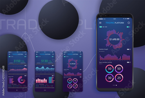 Business trend analysis on smartphone screen with graphs, perspective flat design infographic on colored background. Mobile phone with radial pie chart diagram conceptual vector illustration, eps10.