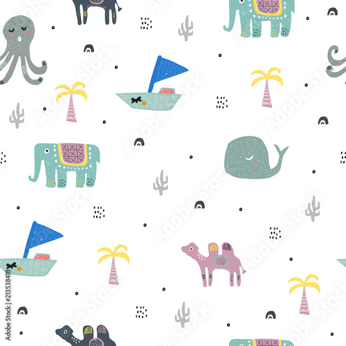 Cute exotic animals in jungles. Seamless pattern. Illustration for kids books,textile or fabric