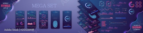 Different UI, UX, GUI screens fitnes app and flat web icons for mobile apps, responsive website including Login, Create Account. - stock vector
