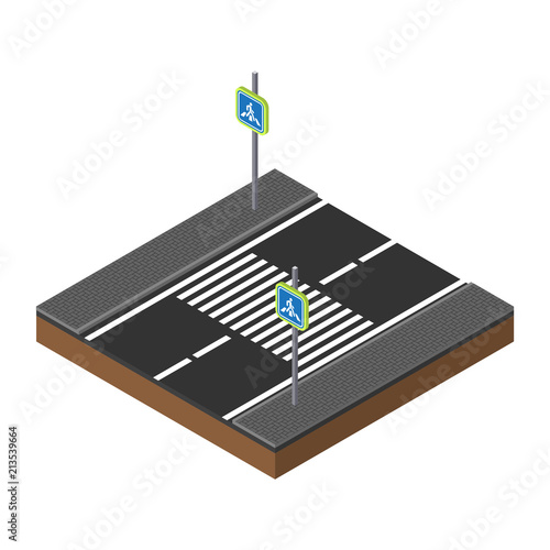 PrintIsometric traffic lights on crossroads illustration. Game template. 3d safety crosswalk road. Creative business city highway crossroad