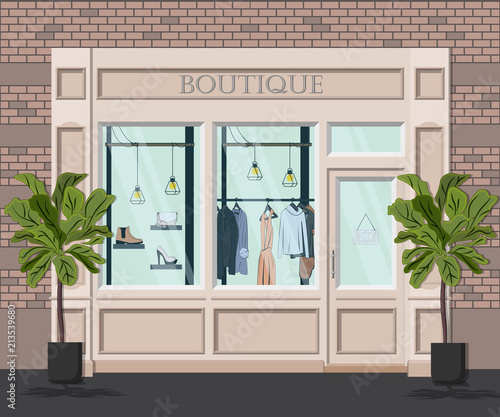 Graphic vector facade vintage boutique. Detailed Illustration of a clothes shop in a flat style. Retail storefront. European modern fashion store house