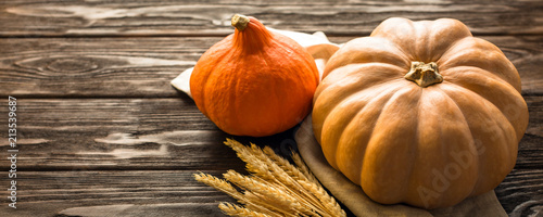 Pumpkin and Wheat on the Wooden Table Place Copy Banner 