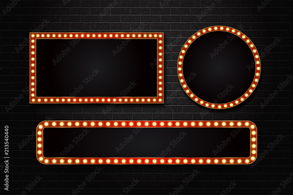 Vector set of realistic isolated retro rectangle neon marquee billboard for decoration and covering on the wall background. Concept of cinema and broadway.
