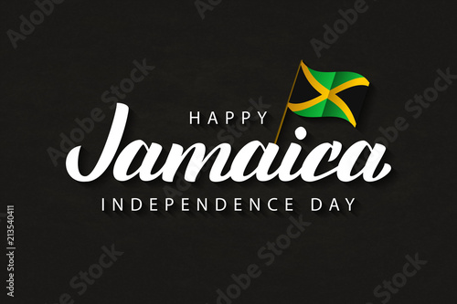 Vector realistic isolated typography logo for Jamaica Independence Day with origami flag for decoration and covering on the dark background.