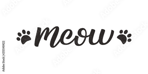Vector isolated handwritten lettering Meow logo with grunge texture for decoration and covering on the white background. Concept of cat quote and pet shop.