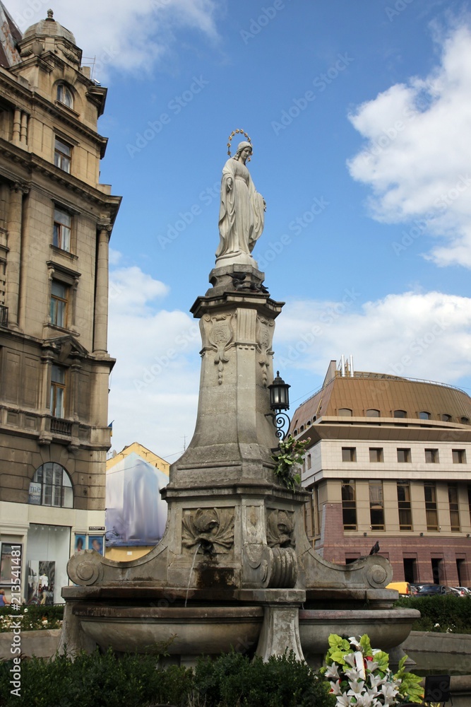 Blessed Virgin Mary statue on the Mickiewicz Square in Lviv, Ukraine