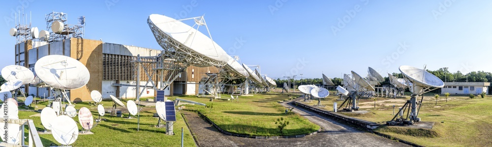 Fototapeta premium Earth station, satellite control under cloudless blue sky