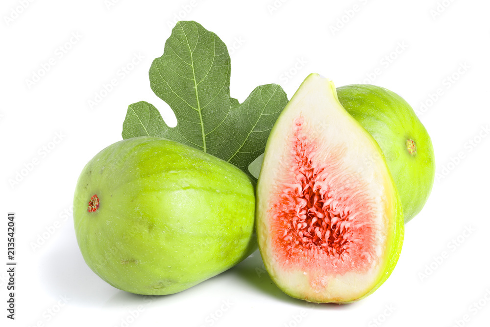 Ripe green fig fruit and half with leaf isolated on white background Ripe green fig fruit and half with leaf isolated on white background