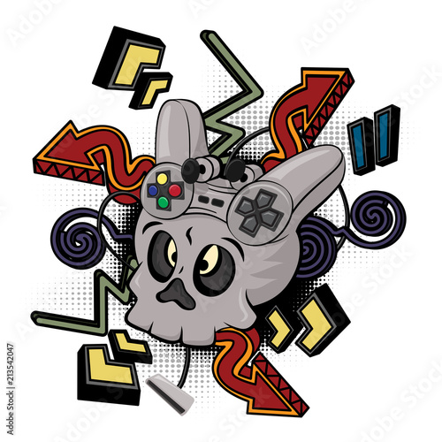 Skull playing video games vector illustration isolated on white background
