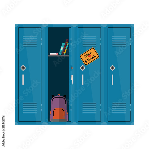 Welcome back to school illustration. Flat vector kids clipart with cupboard with books and backpack. School locker educational design. Colorful interior