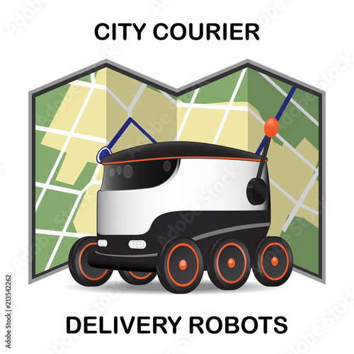Robot dron delivers the parcel. The concept of fast, free delivery, gift.