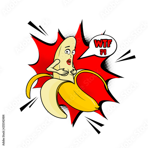 Vector adult character. Funny illustration naked banan with boobs and pop art cloud WTF. Banana striptease nude fun cartoon. Print for cards, t-shitrs, products