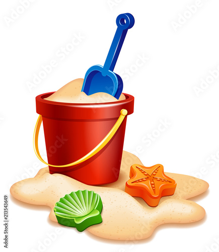 Vector illustration - Sand bucket, shovel and rake isolated on white