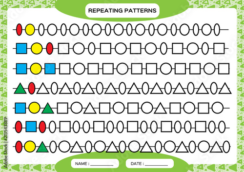 Complete repeating patterns. Worksheet for preschool kids. Practicing motor skills, improving skills tasks. Complete the pattern. Color beads. Green background. Square, circle, oval, triangle