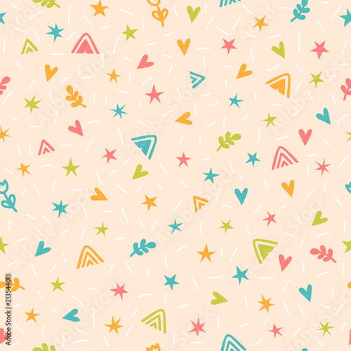 Cute childish seamless pattern with hand drawn cartoon elements. Background in scandinavian style. Great for birthday, fabric, cards, wrapping, textile
