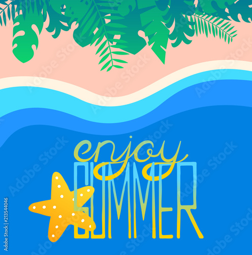 Lettering enjoy summer with starfish on sea and exotic leaves on sand