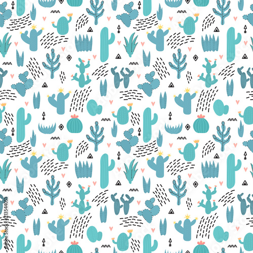 Fototapeta Naklejka Na Ścianę i Meble -  Cute seamless pattern with cacti and succulents, hand drawn flowers. Background in scandinavian style with cartoon plants. Desert ornament