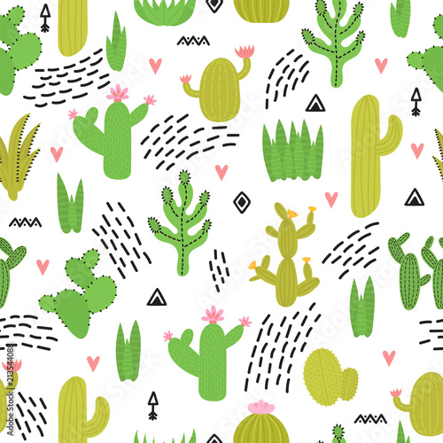 Cute seamless pattern with cacti and succulents, hand drawn flowers. Background with home garden, cartoon plants