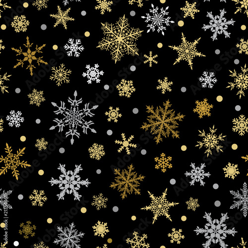 Wallpaper Mural Christmas seamless pattern of snowflakes, yellow and light blue on black background. Torontodigital.ca
