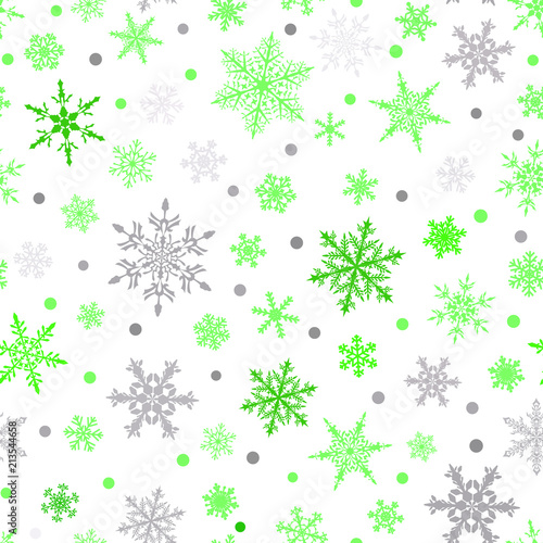 Christmas seamless pattern of snowflakes  green and gray on white background.