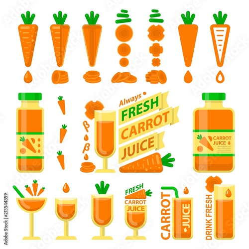 Carrot and fresh juice flat vector elements