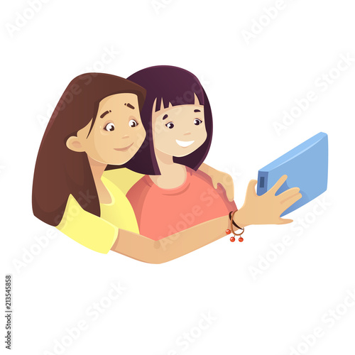 Girlfriends do selfie on a smartphone, cheerful mood, smile. Friendship day. Vector image in cartoon style isolated on white background.