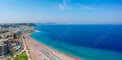 Aerial birds eye view drone photo of Rhodes city island, Dodecanese, Greece. Panorama with nice sand beach, lagoon and clear blue water. Famous tourist destination in South Europe