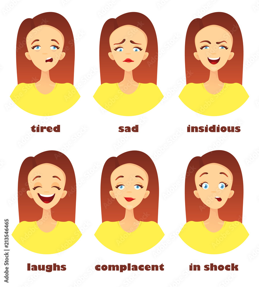 A large set of emotional icons. The face of a young woman in a cartoon style, avatars with a rounded ending. Text labels for each icon. Vector Illustration. A large set of emotional icons. The face of a young woman in a cartoon style, avatars with a rounded ending. Text labels for each icon. Vector Illustration.