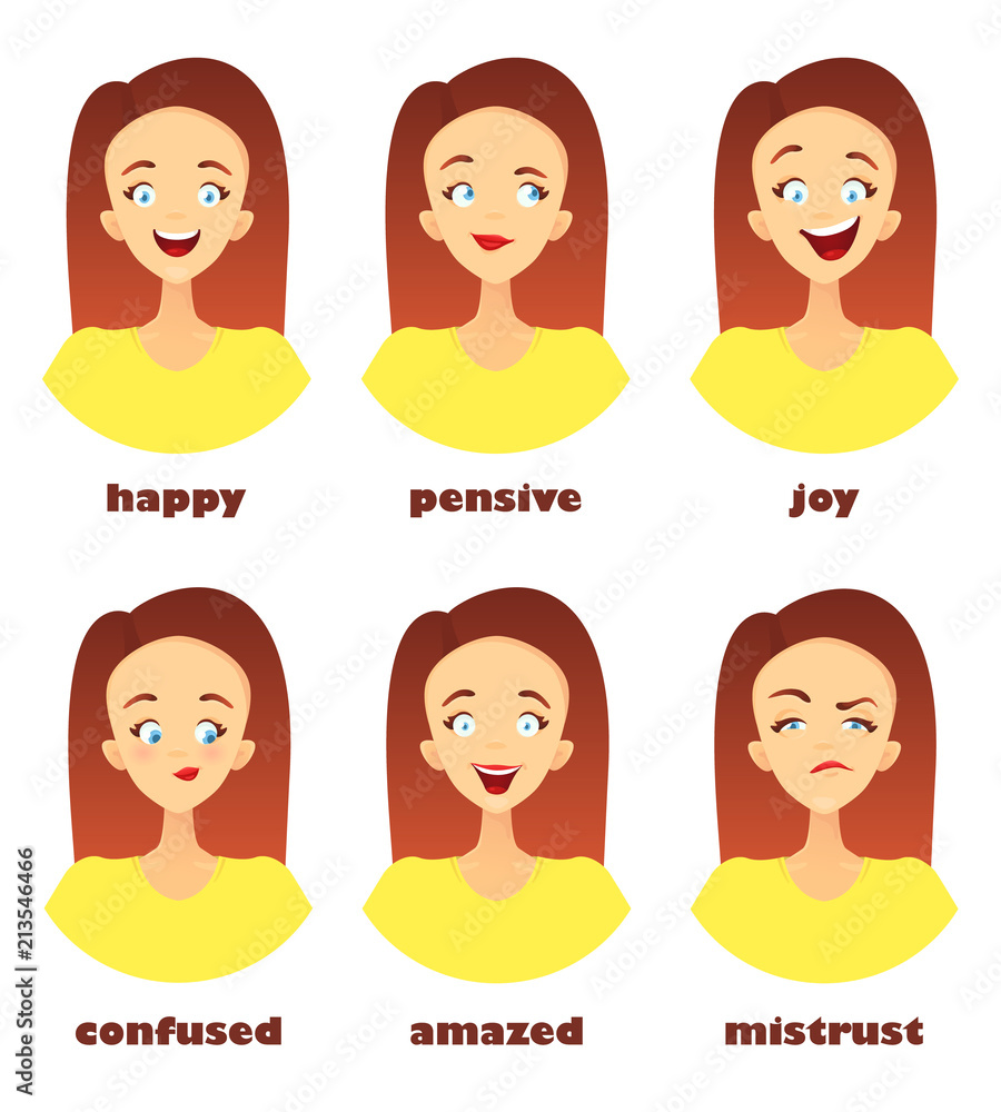 A large set of emotional icons. The face of a young woman in a cartoon style, avatars with a rounded ending. Text labels for each icon. Vector Illustration. A large set of emotional icons. The face of a young woman in a cartoon style, avatars with a rounded ending. Text labels for each icon. Vector Illustration.